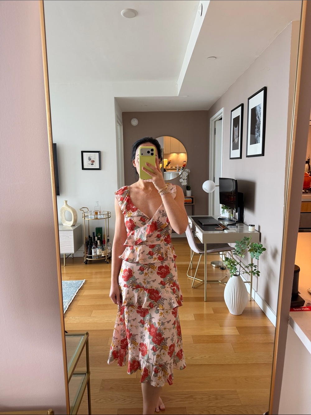 Lulus Floral Ruffle Midi Dress in Pink and Red